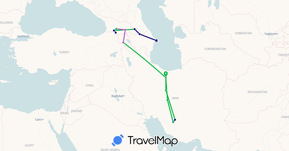 TravelMap itinerary: driving, bus, train in Armenia, Azerbaijan, Georgia, Iran (Asia)