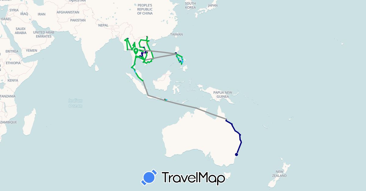 TravelMap itinerary: driving, bus, plane, train, hiking, boat, hitchhiking, motorbike in Australia, Indonesia, Cambodia, Laos, Myanmar (Burma), Malaysia, Philippines, Singapore, Thailand, Vietnam (Asia, Oceania)